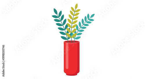A vibrant illustration depicts leafy branches in a red vase showcasing botanical elements and color