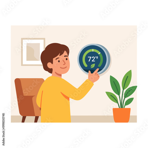 A boy adjusts the thermostat in a living room with a plant and chair.