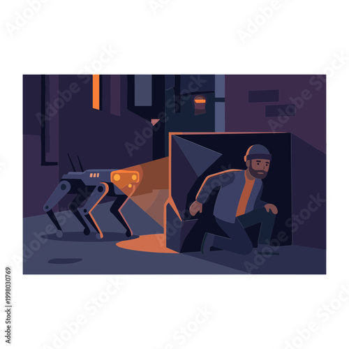 Man hiding from robotic dog in dark alleyway at night