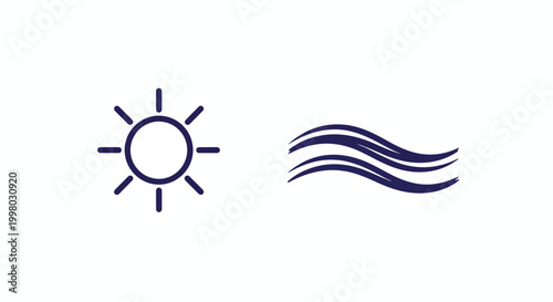 Minimalist sun and wave line icons, simple weather and ocean symbols, dark blue linear summer elements on white background, modern beach vector graphics