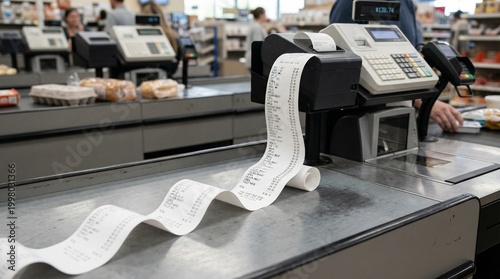 Long receipt printed from a cash register on supermarket checkout counter  
