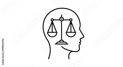 A linear illustration depicts a human head in profile containing scales of justice inside