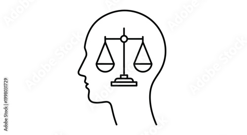 A simple black and white line drawing depicts a human head with scales of justice inside