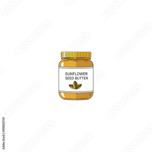 Vector Illustration of a Jar of Sunflower Seed Butter. Healthy Nut-Free Spread for Food Blog, Nutrition App, Recipe Book, and Kitchen Graphic Design. Flat Isolated Icon.