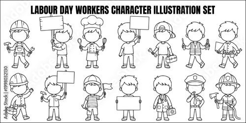 Faceless diverse workers labour day coloring page illustration