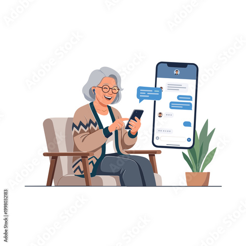 Elderly woman sitting in chair uses smartphone chatting with friend on large phone screen