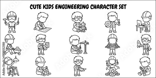Faceless kids engineering and construction line art coloring page collection