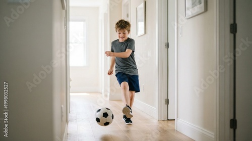 Young boy playing soccer indoors while running in the hallway  