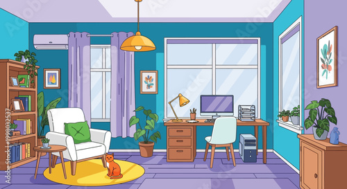 A brightly colored cartoon living room features a desk chair bookshelf and a small orange cat