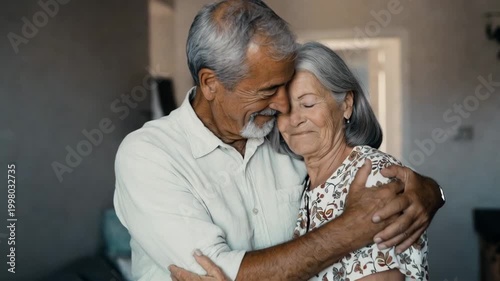 Static shot of elderly couple embracing and smiling in living room at home during morning intimate scene