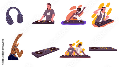 Diverse DJ characters performing set with professional audio equipment. Flat vector illustration of male and female music producers, headphones, and turntables for nightclub and festival events.