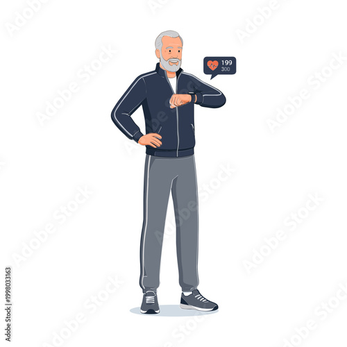 An elderly man shows heart social media likes on his watch.