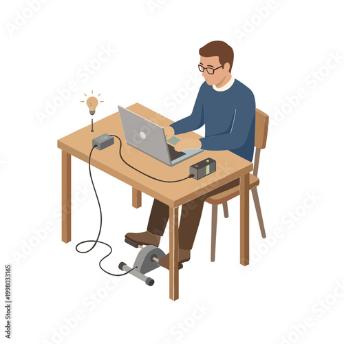 Man works on laptop while exercising on bicycle in home office