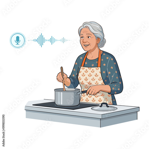 An elderly woman cooks on a stovetop while using a voice assistant