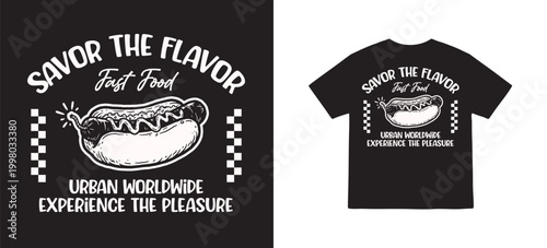 Vector illustration of a hand drawn t-shirt design a red retro hot dog with a dynamite wick and text