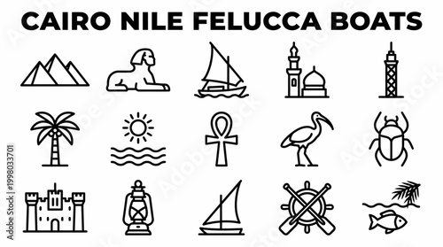 Cairo Nile Felucca Boats Icons Set