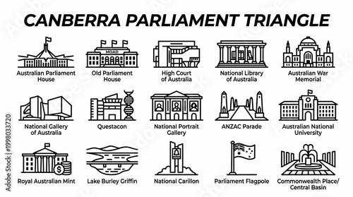 Canberra Parliament Triangle Landmarks Vector Icons