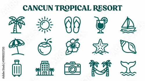 Cancun Tropical Resort Icons - Travel Vacation Holiday Symbols