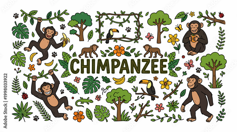 Obraz premium Chimpanzee Jungle Fun: Cute Animals, Tropical Plants, Toucan Birds