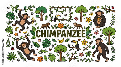 Chimpanzee Jungle Fun: Cute Animals, Tropical Plants, Toucan Birds