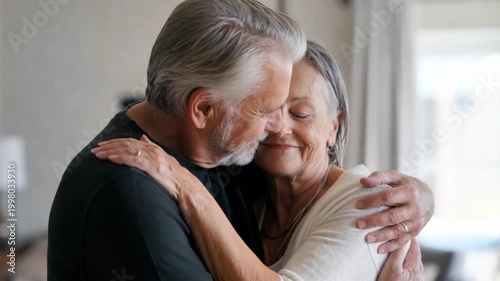Tracking shot of elderly couple embracing and smiling while hugging in cozy living room interior at home during soft morning light
