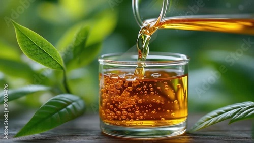 Amber liquid being poured into a glass with green leaves in the background on a wooden surface.