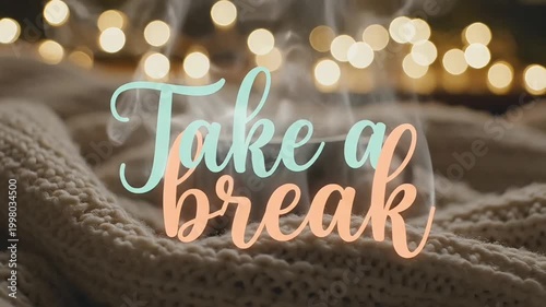 Take a Break: Cozy Ambiance with Warm Lights and Steaming Mug.