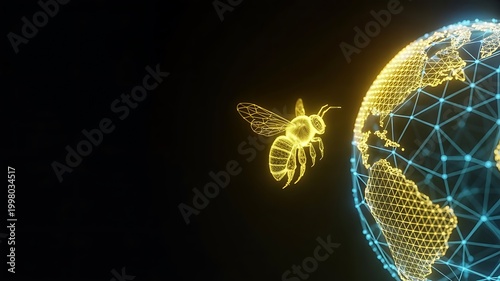 Digital bee flying around a glowing earth. low poly world bee day with digital art modern art abstract technology connection futuristic creative. low poly world bee day