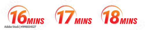 Bold circular timer icons showing 16, 17, and 18 minutes. Vector Illustration,