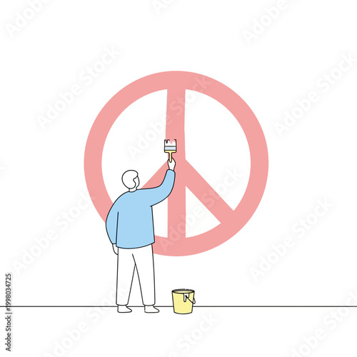 Person meticulously painting a large pink peace symbol on a white wall, signifying the active creation and promotion of peace.