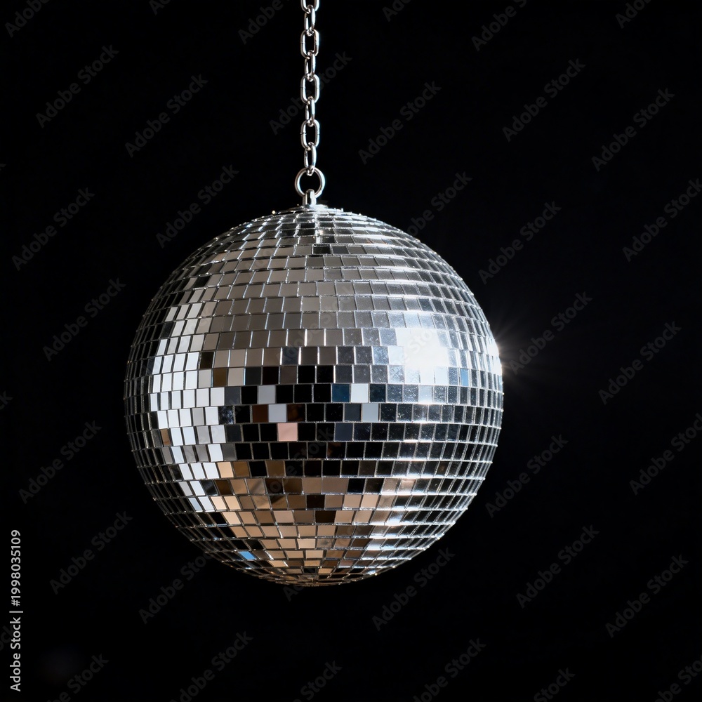 Obraz premium Shiny Silver Disco Ball Hanging Against Black Background
