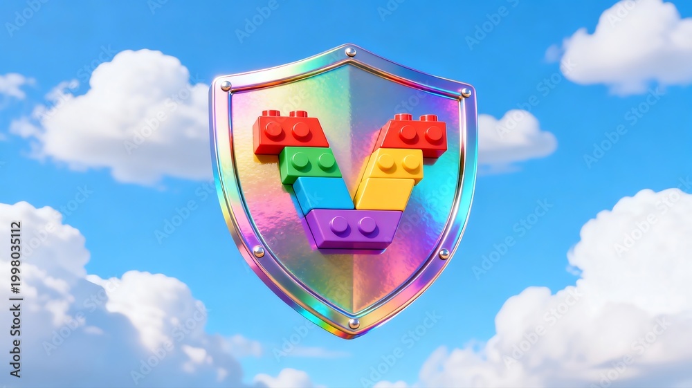 Naklejka premium Shield with Colorful Blocks and Sky Background