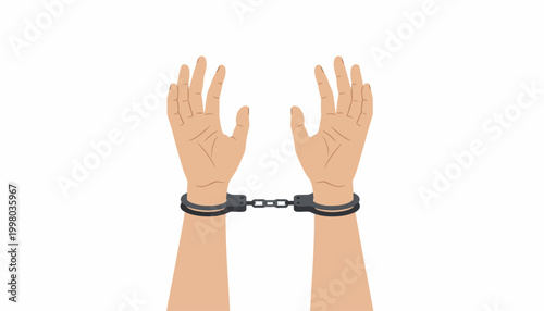Handcuffed hands, wrist restraints, bound palms, metal cuffs, arrest symbol