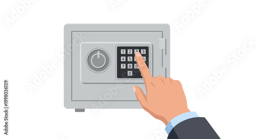 Secure safe, banking security, financial protection, gray metal box, hand entering code
