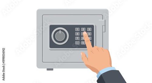 Secure safe, locking mechanism, hand entering code, grey metal box, security concept, vector icon