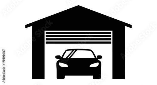 Black car garage icon, vehicle storage symbol, modern silhouette, automotive graphic