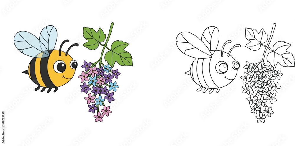 Obraz premium Cute bee and colorful flowers coloring page, cartoon illustration of a friendly honeybee, vector spring nature drawing for kids, educational activity with insect and floral design.