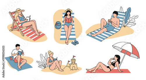 Collection of people in swimwear relaxing on a sandy beach, sunbathing, reading books, and making a sandcastle under a sun umbrella.