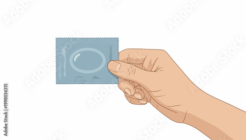 Vector condom package, blue foil wrapper, hand holding, contraceptive, safety, protection