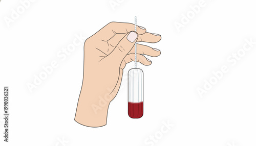 Medical, healthcare, blood test, laboratory, hand holding tube, red liquid sample, vector illustration