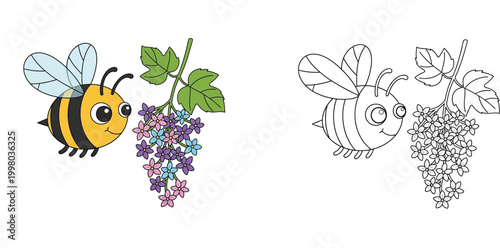 Cute bee and colorful flowers coloring page, cartoon illustration of a friendly honeybee, vector spring nature drawing for kids, educational activity with insect and floral design.