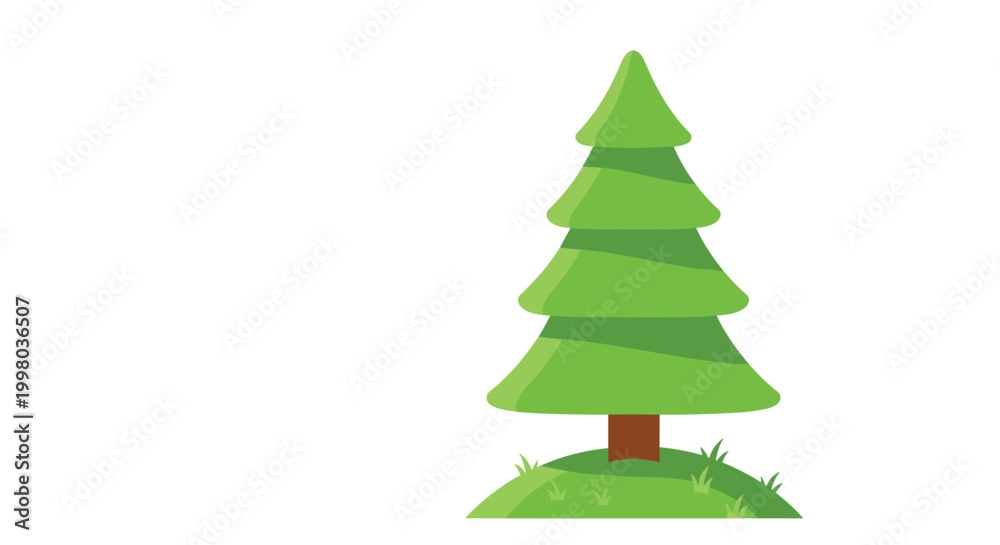 Obraz premium Simple green evergreen pine tree standing on grassy mound against white background for nature or holiday design.