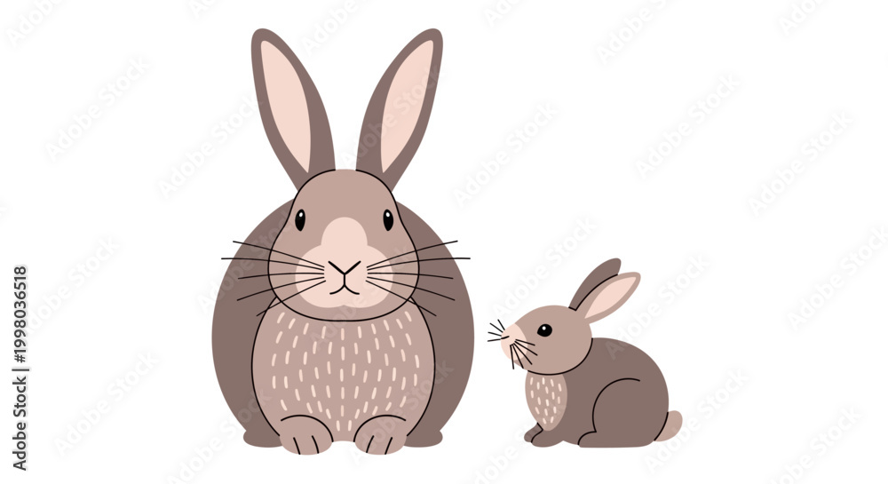 Fototapeta premium Cute brown rabbits, cartoon bunny pair, Easter vector icons, animal illustrations, pastel color characters