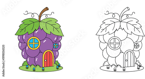 Grape house coloring page, cute fantasy fruit cottage illustration, fairy tale building for kids, vector drawing of a house shaped like a grape, whimsical garden home design.