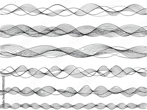 Print  Minimal Parametric Line Pattern Strip Set with Algorithmic Waveforms, Sinusoidal Curves and Generative Flow Lines, Monochrome on Clean White Background, Ultra Precise Vector Paths, Modern Data 