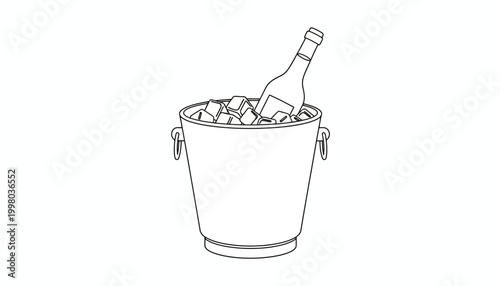 Champagne bottle in ice bucket, vector illustration, line art, wine and ice, luxury drink