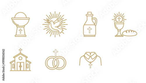 Golden Christian icons, sacred symbols, church elements, 8 vector graphics
