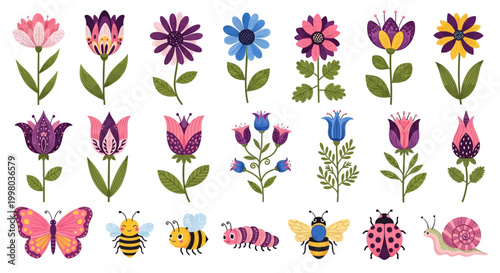 Colorful floral icons, insect illustrations, garden symbols, 20 vector graphics