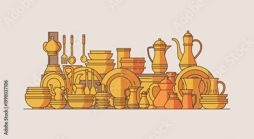 Vibrant orange and yellow flat vector illustration of assorted dishware and cutlery on a light beige background