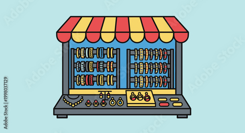 Colorful jewelry stand with bangles and earrings on display under striped awning